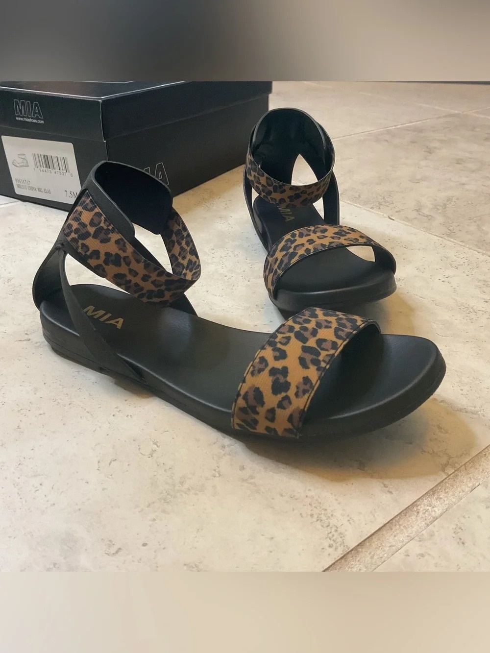 MIA Leopard Print Strappy Flat Sandals - Brown/Black